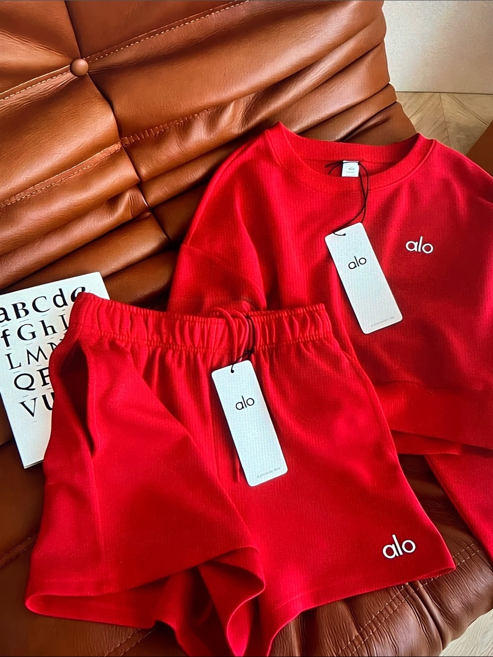 ALO Yoga Bright Red Ribbed Tank Top & Shorts Size M